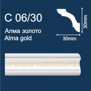 С06/30 плинтус потолочный экструдированный, "Алма", белый с золотым рисунком - Солид