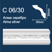 С06/30 плинтус потолочный экструдированный, "Алма", белый с серебряным рисунком - Солид